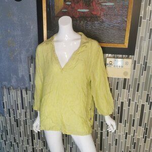 Tahari Size XL 100% Linen Casual V Neck Top Yellow Long Sleeve Pullover 0330 - B